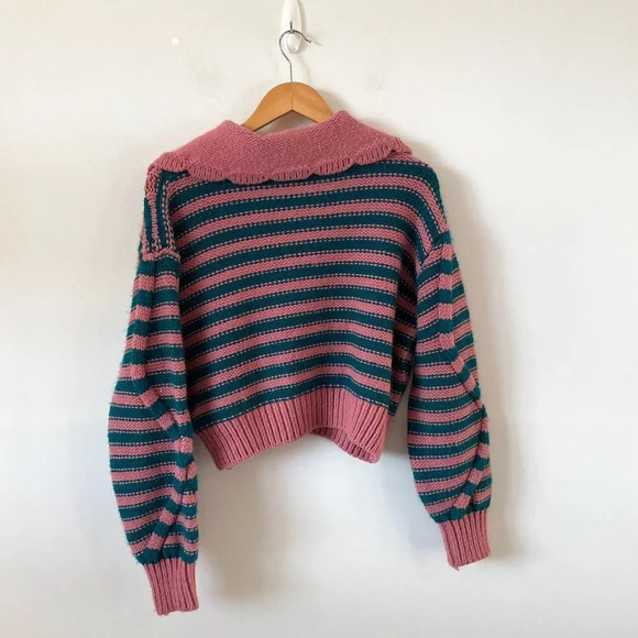 Zara Blogger Fave Striped Textured Knit Peter Pan Collared Sweater Pink & Teal M - Picture 7 of 10